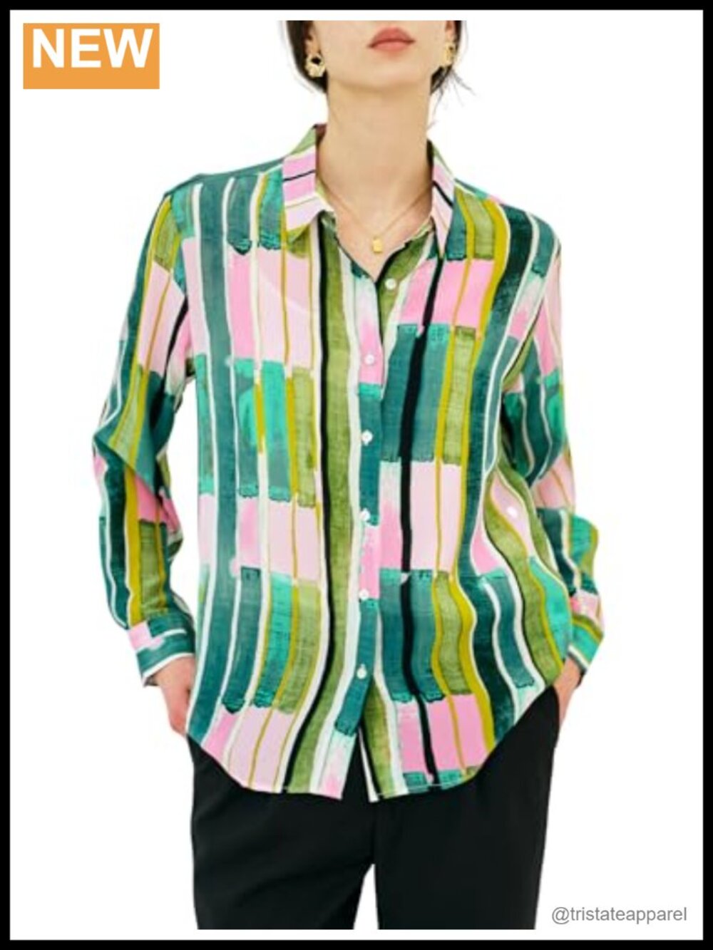 100% Pure Silk Women's Blouse Long Sleeve Button Down Shirt Floral Striped